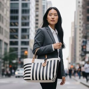 Sold❌HENRI BENDEL Large Black White Stripe Tote Purse Bag